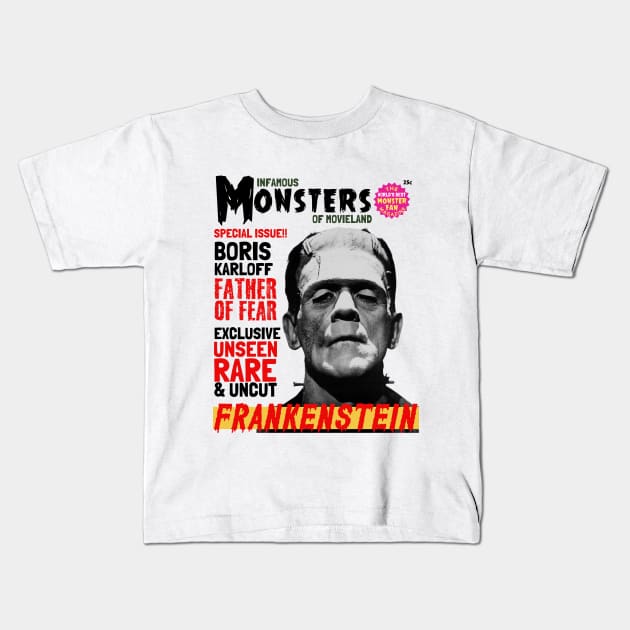 Vintage pulp horror magazine, Boris Karloff Frankenstein Kids T-Shirt by Teessential